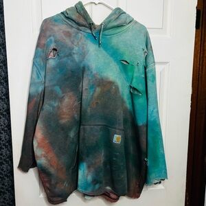 Custom Carhartt Tie Dye Hoodie Distressed Grunge Cut Up Sweatshirt Size 2XL